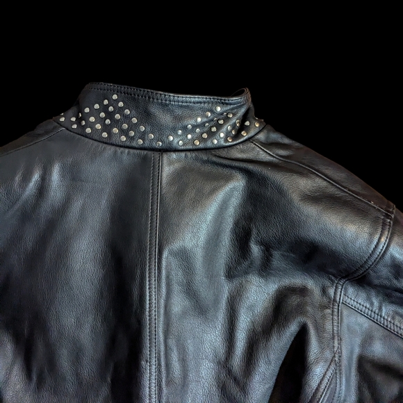 Vtg Harley Davidson Black Leather Jacket Studded Detailing Zippers Moto Sz L - Picture 5 of 14
